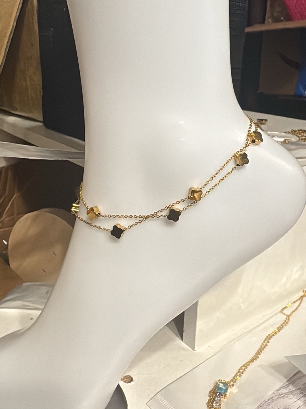Gold Clover Double Chain Anklet - Unbranded